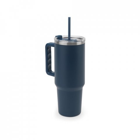 JOYNER XL. Copo de viagem de grande dimensão em aço inoxidável 91% reciclado com parede dupla isolada a vácuo e acabamento em mate 1300 mL - Azul marinho
