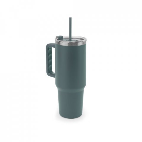 JOYNER XL. Copo de viagem de grande dimensão em aço inoxidável 91% reciclado com parede dupla isolada a vácuo e acabamento em mate 1300 mL - Verde tropa