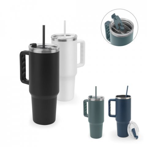 JOYNER XL. Copo de viagem de grande dimensão em aço inoxidável 91% reciclado com parede dupla isolada a vácuo e acabamento em mate 1300 mL