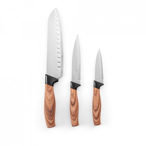 BAHARAT. Conjunto de 3 facas de cozinha com l&acirc;mina em a&ccedil;o inox e cabo ergon&oacute;mico - Natural