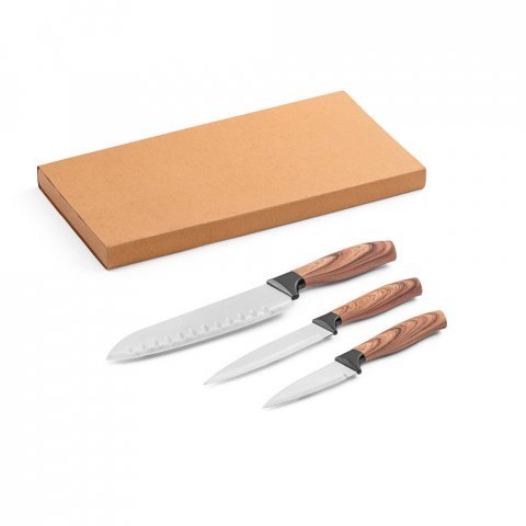 BAHARAT. Conjunto de 3 facas de cozinha com l&acirc;mina em a&ccedil;o inox e cabo ergon&oacute;mico - Natural
