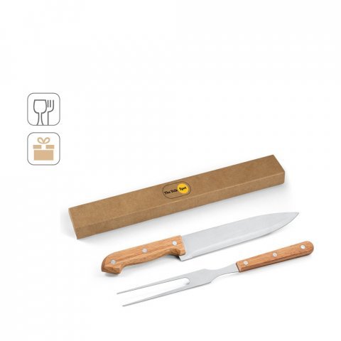 MOJO. Kit churrasco em caixa presente de papel kraft reciclado com 2 utens&iacute;lios em a&ccedil;o inox e bambu