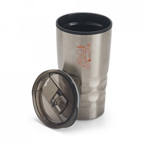 HASSI. Copo de viagem em a&ccedil;o inox e PP, t&eacute;rmico com parede dupla isolada a ar (510 mL) - Preto