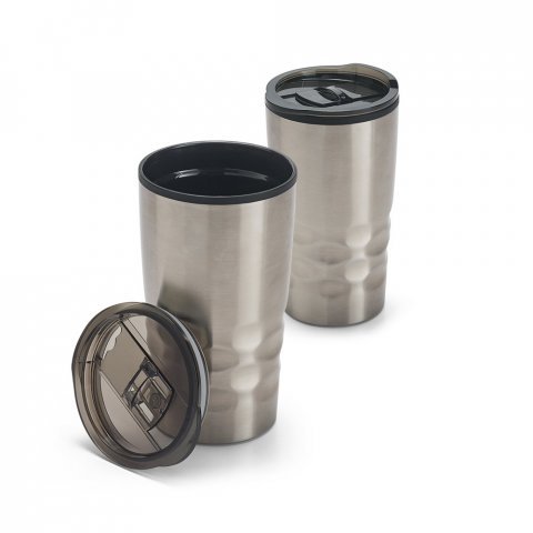 HASSI. Copo de viagem em a&ccedil;o inox e PP, t&eacute;rmico com parede dupla isolada a ar (510 mL)