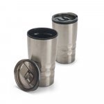 HASSI. Copo de viagem em a&ccedil;o inox e PP, t&eacute;rmico com parede dupla isolada a ar (510 mL)