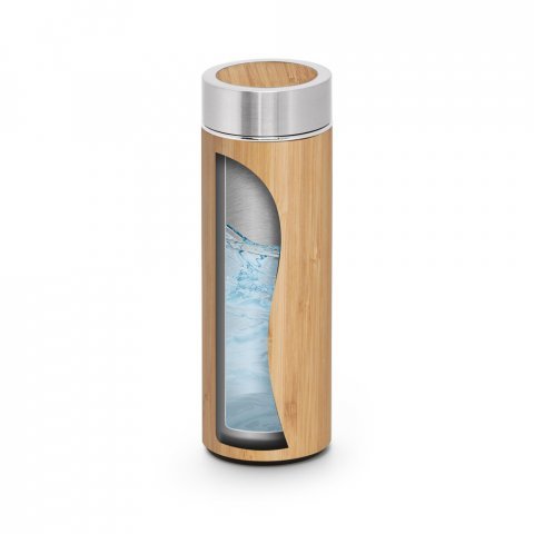NATUREL. Garrafa t&eacute;rmica em a&ccedil;o inox 90% reciclado e bambu, de parede dupla isolada a v&aacute;cuo (430 mL) - Natural