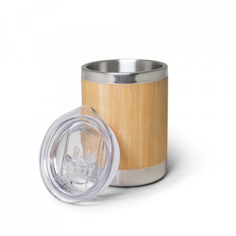 LYCKA. Copo de viagem t&eacute;rmico em a&ccedil;o inox e bambu, de parede dupla isolada a ar e fecho deslizante (350 mL) - Natural