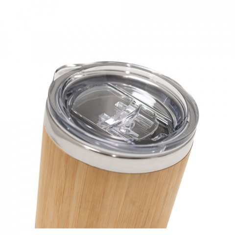 LYCKA. Copo de viagem t&eacute;rmico em a&ccedil;o inox e bambu, de parede dupla isolada a ar e fecho deslizante (350 mL) - Natural