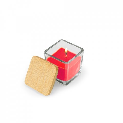 ESSENCE. Vela arom&aacute;tica, de 50 g., em copo de vidro com tampa em bambu - Vermelho