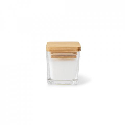 ESSENCE. Vela arom&aacute;tica, de 50 g., em copo de vidro com tampa em bambu - Branco