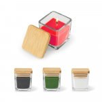 ESSENCE. Vela arom&aacute;tica, de 50 g., em copo de vidro com tampa em bambu