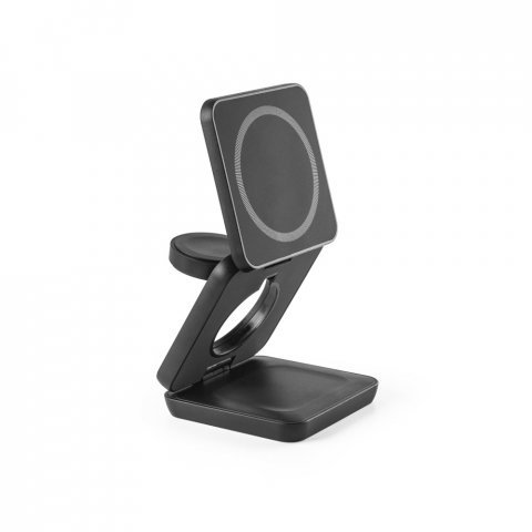 BROGLIE. Carregador magn&eacute;tico por indu&ccedil;&atilde;o super-r&aacute;pido (wireless), dobr&aacute;vel, que permite carregar tr&ecirc;s dispositivos simultaneamente, em ABS 100% reciclado - Preto