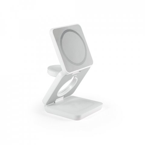 BROGLIE. Carregador magn&eacute;tico por indu&ccedil;&atilde;o super-r&aacute;pido (wireless), dobr&aacute;vel, que permite carregar tr&ecirc;s dispositivos simultaneamente, em ABS 100% reciclado - Branco
