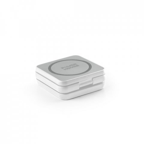 BROGLIE. Carregador magn&eacute;tico por indu&ccedil;&atilde;o super-r&aacute;pido (wireless), dobr&aacute;vel, que permite carregar tr&ecirc;s dispositivos simultaneamente, em ABS 100% reciclado - Branco