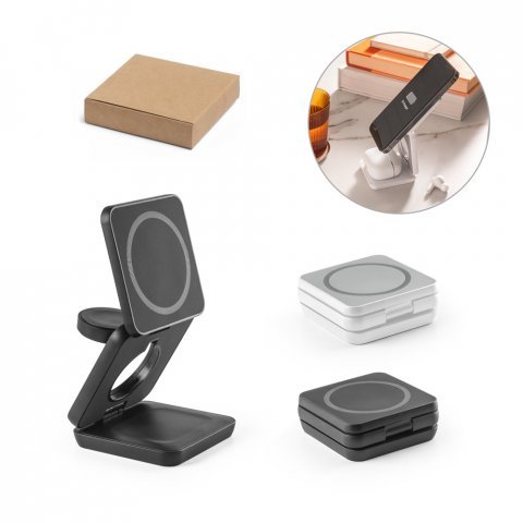 BROGLIE. Carregador magn&eacute;tico por indu&ccedil;&atilde;o super-r&aacute;pido (wireless), dobr&aacute;vel, que permite carregar tr&ecirc;s dispositivos simultaneamente, em ABS 100% reciclado