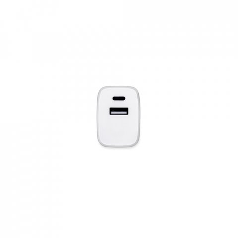 WEGENER. Adaptador de corrente com porta USB-A 18W e USB-C 20W em ABS 100% reciclado - Branco