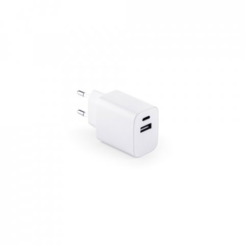 WEGENER. Adaptador de corrente com porta USB-A 18W e USB-C 20W em ABS 100% reciclado - Branco