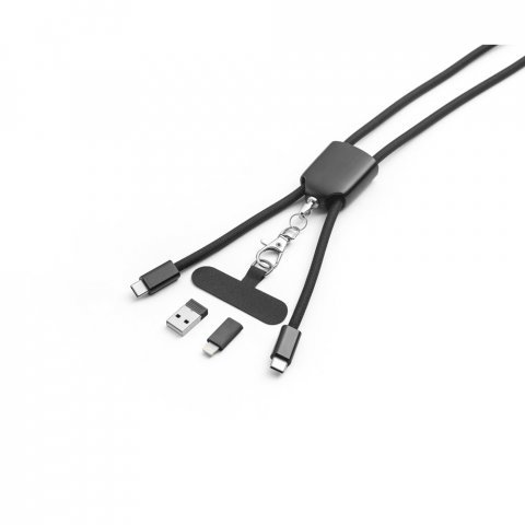 ZEWAIL. Cord&atilde;o lanyard com suporte para celular incluso, cabo USB-C e diversos adaptadores em ABS reciclado e TPE reciclado - Preto