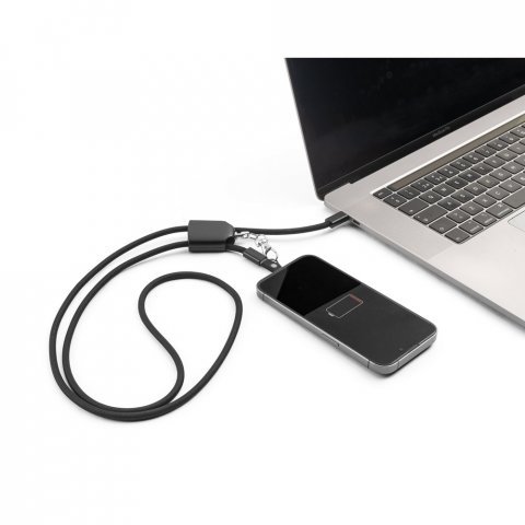 ZEWAIL. Cord&atilde;o lanyard com suporte para celular incluso, cabo USB-C e diversos adaptadores em ABS reciclado e TPE reciclado - Preto