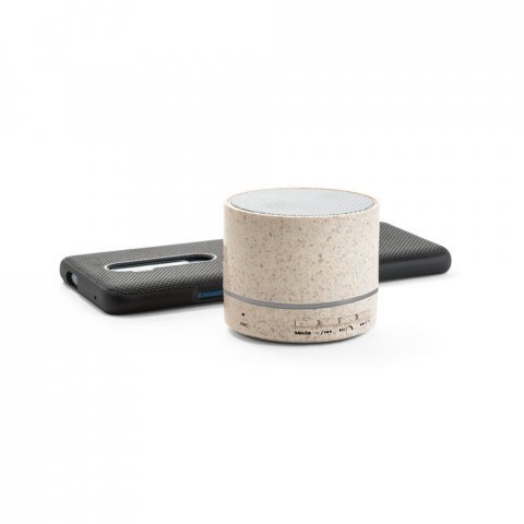 RE-LINEU. Caixa de som port&aacute;til com microfone e autonomia de 4h30 (400 mAh), em fibra de palha de trigo e ABS 100% reciclado - Natural