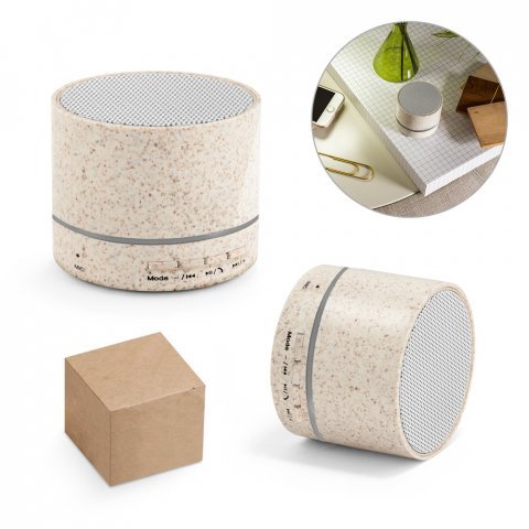 RE-LINEU. Caixa de som port&aacute;til com microfone e autonomia de 4h30 (400 mAh), em fibra de palha de trigo e ABS 100% reciclado